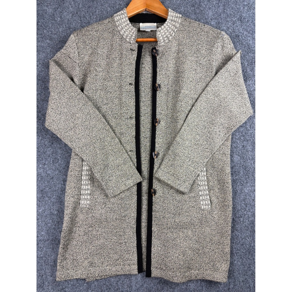Vintage Anne Pedersen Grey Black Knit Longline Cardigan Sweater Mock Neck Toggle